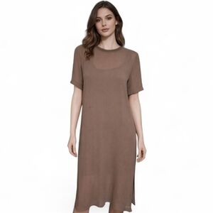 ZARA Woman Sheer Taupe Short Sleeve Midi Dress Layering Minimalist. Size Small